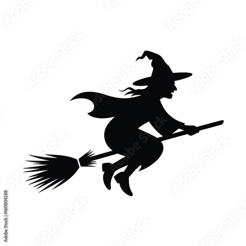 Vector illustration of silhouette of a witch flying on a broomstick isolated on white