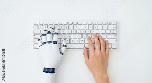 Human and robot collaborate on keyboard, symbolizing future of work and technology integration