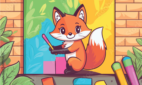 Adorable cartoon fox artist enthusiastically painting a vibrant mural with colorful brushes and inspiration