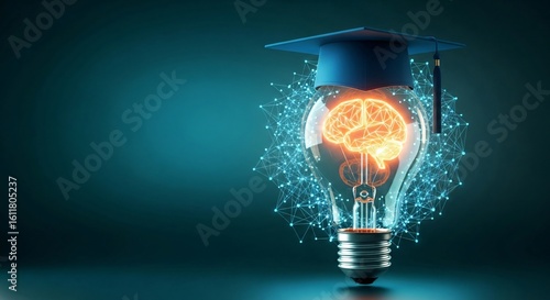 Unlock brilliant ideas with a graduation cap atop a glowing brain-filled light bulb, symbolizing knowledge and innovation