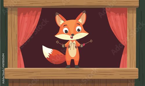 Adorable fox puppet performs on a stage with red curtains, bringing joy and entertainment to audiences