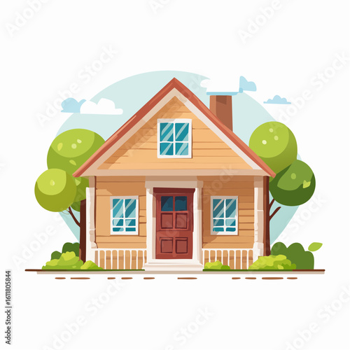 Charming cartoon house illustration with trees and bushes creating an idyllic scene