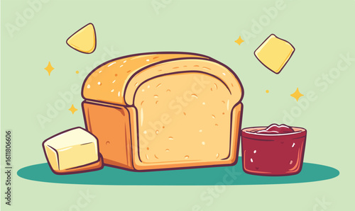 Fresh loaf of bread with butter and jam, perfect for a delightful breakfast or snack.