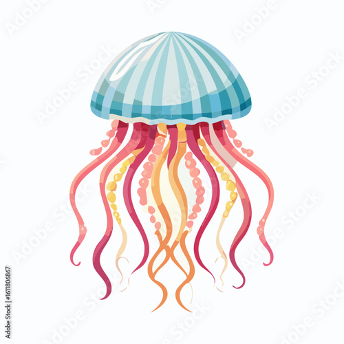 Illustration of a jellyfish with blue and white striped bell and colorful tentacles