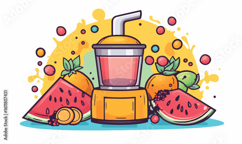 Vibrant blender creates refreshing fruit juice with watermelon, orange, and berries, perfect for healthy living