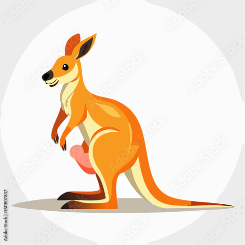 Cartoon kangaroo with joey in pouch stands against a white circular background