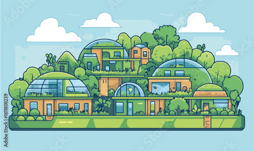 Vibrant eco-village with geodesic domes and lush greenery showcases sustainable futuristic living