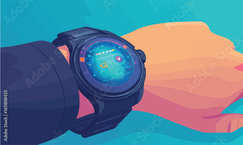 Modern smartwatch displaying vibrant digital interface on a person's wrist, showcasing innovation and connectivity
