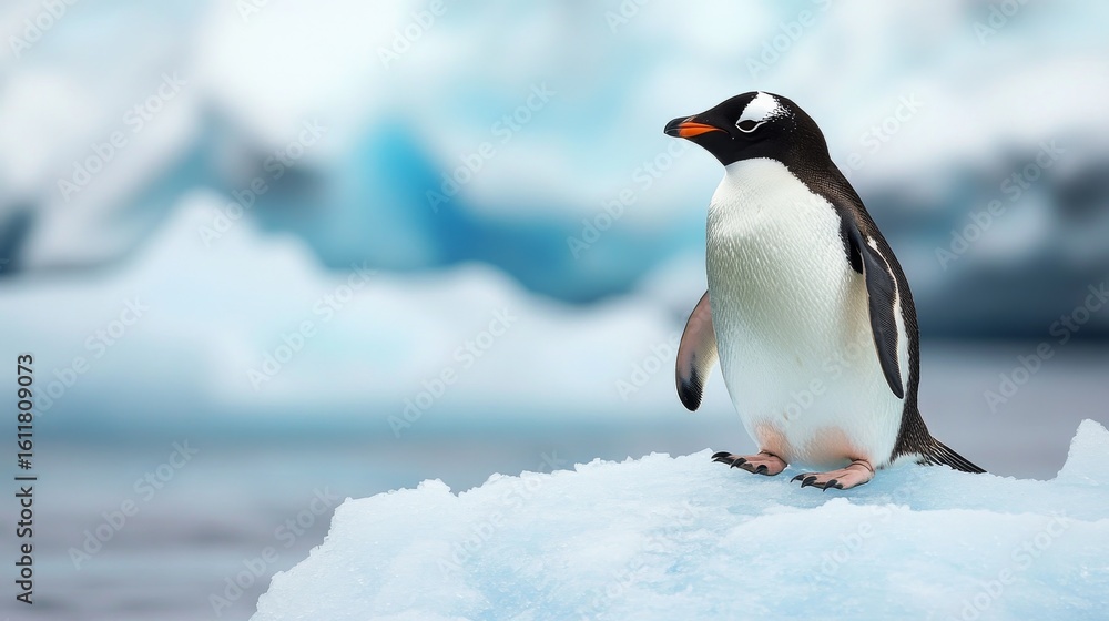 Obraz premium Lonely emperor penguin standing on floating ice sheet in cold antarctic waters under clear sky, peaceful wildlife scene depicting climate and habitat