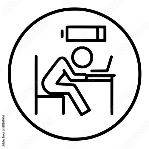 balck icon of a person with low battery symbol over a laptop, depicting work fatigue
