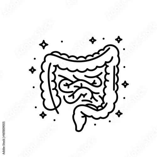 Healthy intestine probiotics icon, minimal black line, digestive system, human gut stylized, surrounded by sparkles, simple cartoon anatomy, white background, flat modern medical illustration