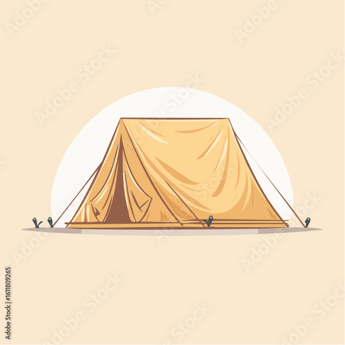 A classic yellow A-frame camping tent pitched with guy lines a simple vector illustration.