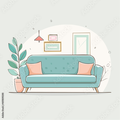 Cozy modern living room illustration featuring a teal sofa with pink pillows a potted plant and minimalist wall art.