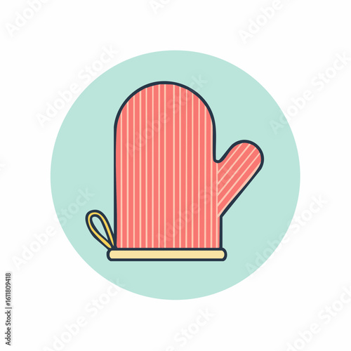 Red striped kitchen oven mitt icon with a yellow cuff and hanging loop.