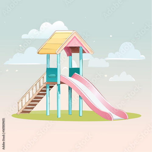 Colorful cartoon playground slide with a yellow roof blue posts and wooden stairs.