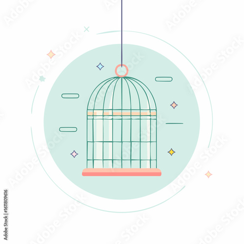 Hanging empty birdcage with a domed top green wire bars and pink base in a flat minimalist line art style.