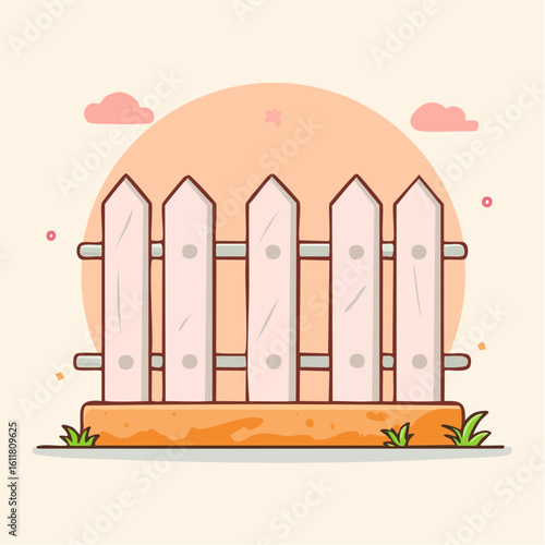 Charming cartoon white picket fence with pointed posts and horizontal rails on grassy ground.