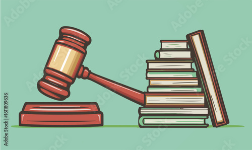 Justice and law represented by a gavel striking a stack of legal books in a courtroom setting