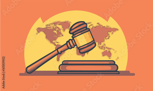Global Justice Symbolized by Gavel and World Map