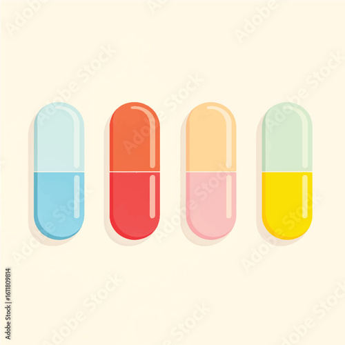 Colorful Pills in a Row Medical Treatment and Healthcare Illustration Concept for Pharmacy and Drug Companies Promotion