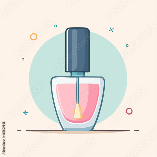 Pink nail polish in a clear glass bottle with a dark cap cartoon vector illustration.