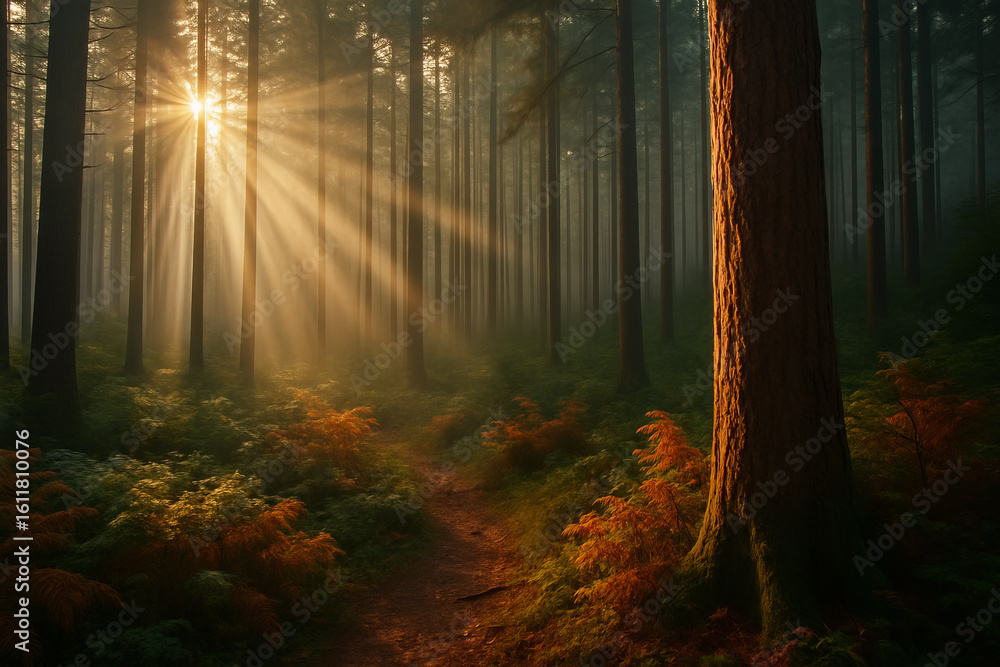 Fototapeta premium Sunlight filtering through misty forest trees, illuminating a quiet winding path in serene natural landscape.