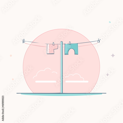 Minimalist line art of a pastel pink shirt and blue pants drying on a clothesline.
