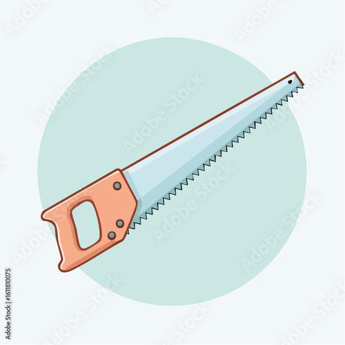 Cartoon hand saw illustration with a peach handle and sharp steel blade.