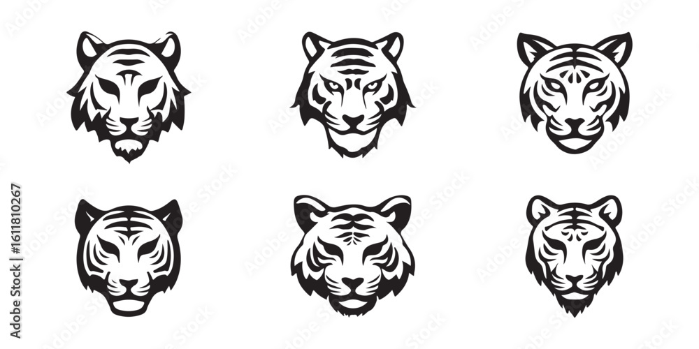 Fototapeta premium Tiger Head Icon Set – Wild Animal Vector Silhouettes and Emblems