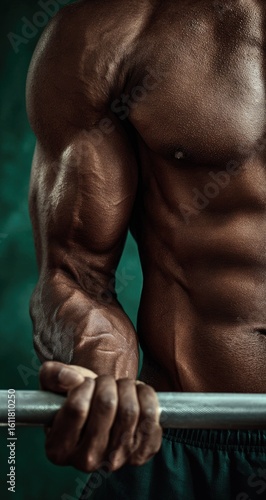 Muscular man gripping bar intense workout fitness
