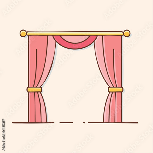 Elegant pink cartoon curtains with a golden rod valance and tie-backs.