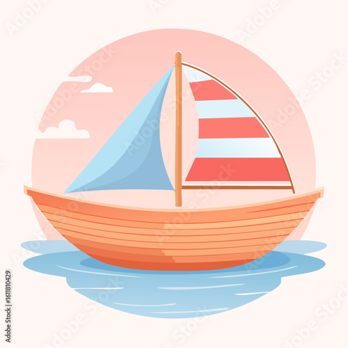 Cartoon wooden sailboat with a blue jib and a red and white striped mainsail.