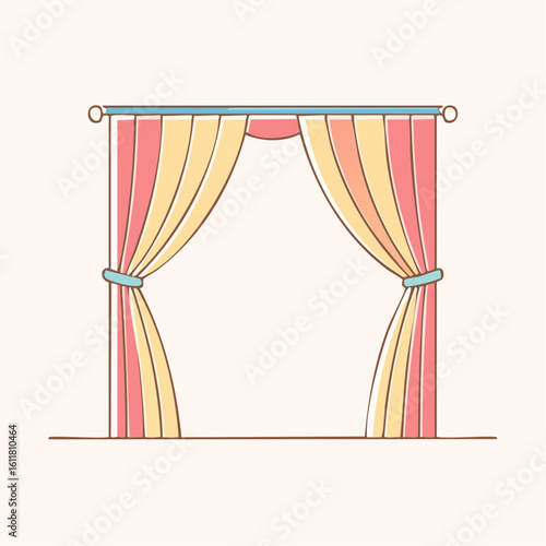 Simple line art illustration of striped pastel pink and yellow curtains tied back on a blue rod.