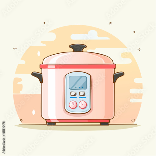 Cute cartoon electric rice cooker with a digital control panel and red accents.