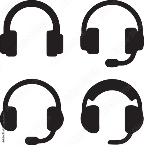 Black headset icons with and without microphones headphones audio