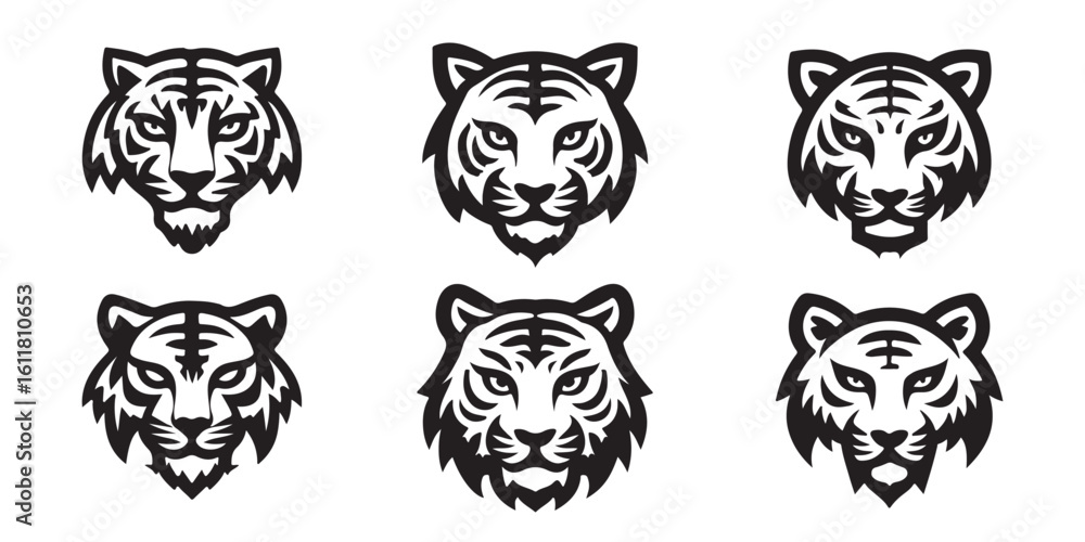 Obraz premium Tiger Head Icon Set – Wild Animal Vector Silhouettes and Emblems