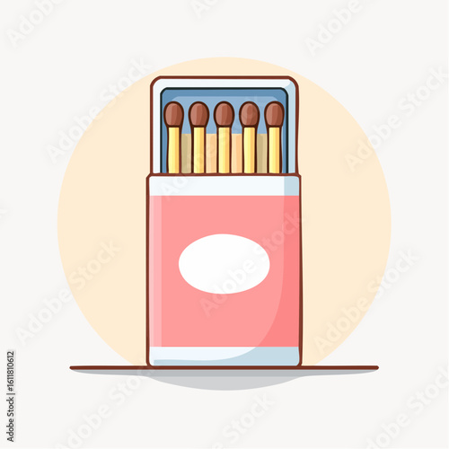 An open pink matchbox with a blank label filled with a row of wooden matches Cartoon vector illustration.