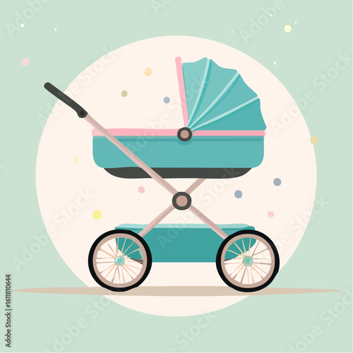 Side view illustration of a retro teal and pink baby carriage with a foldable canopy and large wheels.