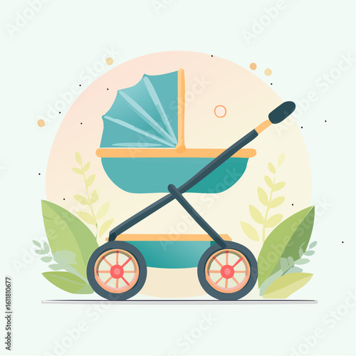 Stylish teal and orange baby stroller with a dark frame shown in a side profile flat design illustration.