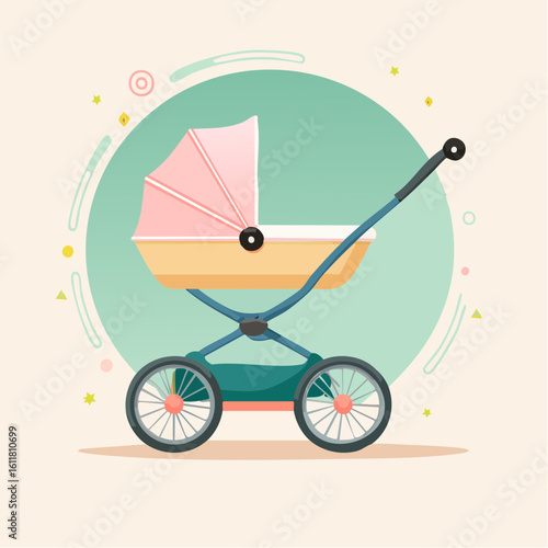 Colorful baby carriage illustration with a pink hood and yellow bassinet Classic pram design with a blue frame and spoked wheels in a flat vector style.