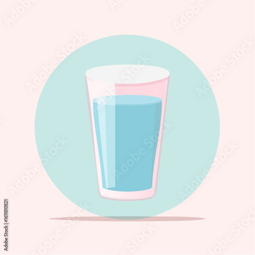 A simple flat illustration of a transparent drinking glass filled with fresh pure blue water.
