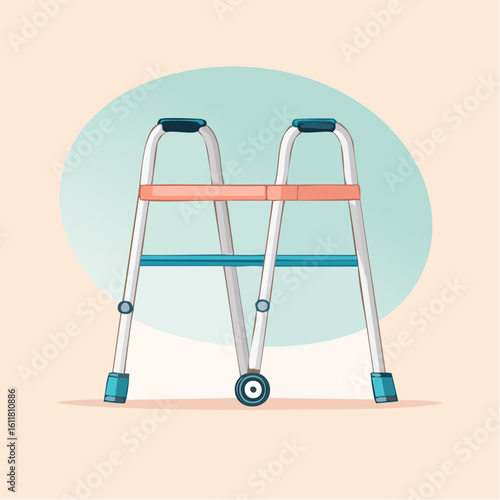 Illustrated medical walker with adjustable legs blue grips and a single front wheel for mobility support.