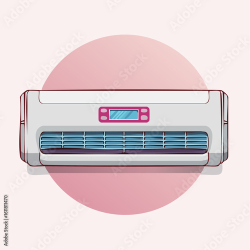 Stylized white indoor air conditioner unit with a pink digital display and blue grille front view illustration.