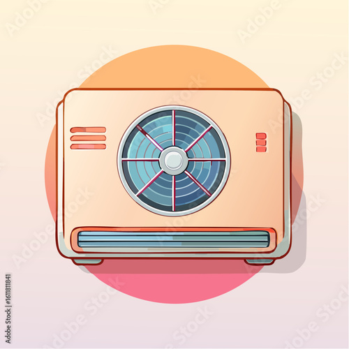 Stylized outdoor air conditioner condenser unit with a prominent blue fan and orange vents.