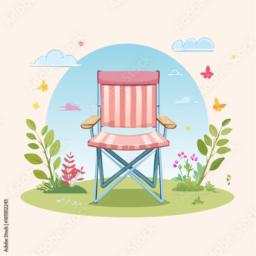 Illustrated pink and white striped folding camp chair with a blue frame and wooden armrests.