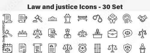 Law and Justice System Outline Vector Icon Set