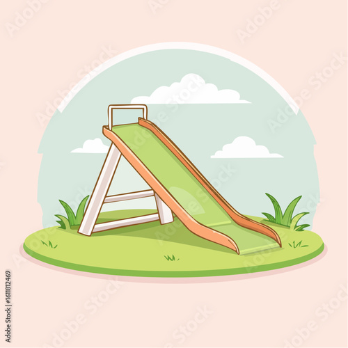 Colorful cartoon playground slide with a green chute orange sides and a white A-frame structure.
