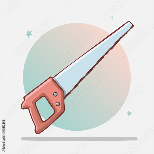 Cartoon hand saw illustration with a pink handle light blue blade and sharp serrated teeth.