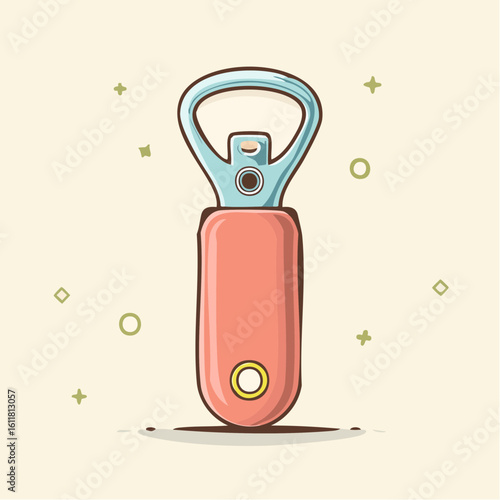 Classic bottle opener illustration with a pink handle and a shiny light blue metallic head.