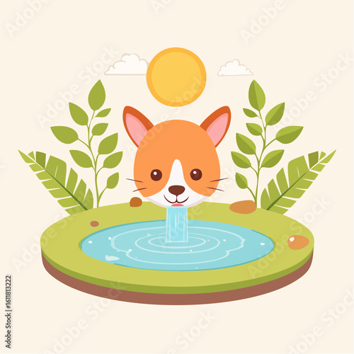 Whimsical cartoon fox head water fountain spouting water into a small rippling pond surrounded by green plants.